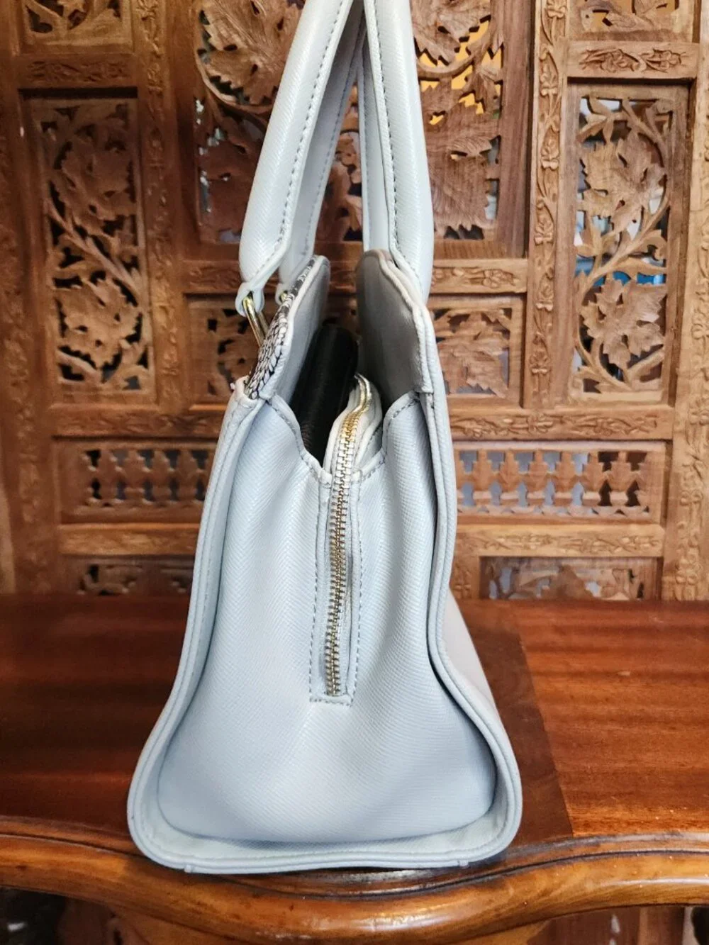 Tahari Gray Satchel with Lace-Print Accent